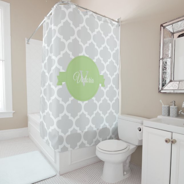 Green Quatrefoil Personalised Shower Curtain (In Situ)