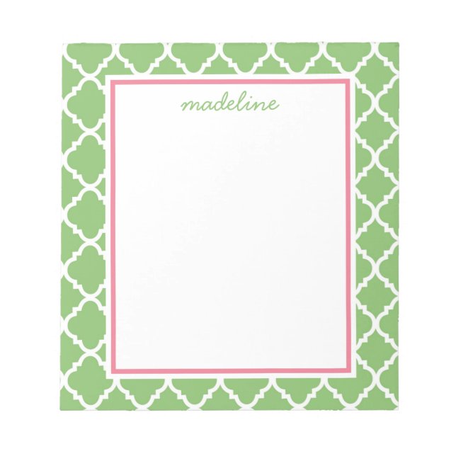 Green Quatrefoil | Pink and Green Preppy Notepad (Front)