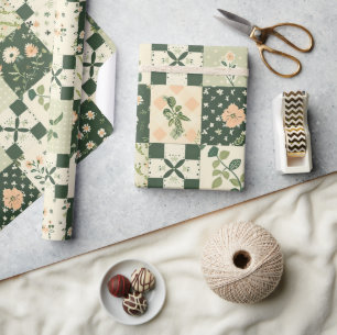 Green Quilt Patchwork Antique Plaid Geometric Wrapping Paper