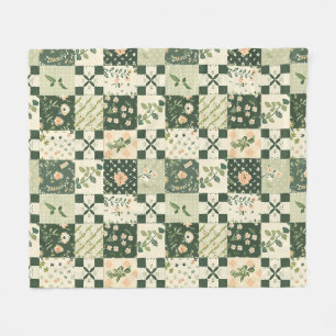 Green Quilt Patchwork Gingham Cottagecore Floral Fleece Blanket