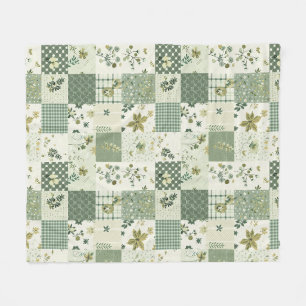 Green Quilt Patchwork Gingham Cottagecore Floral Fleece Blanket