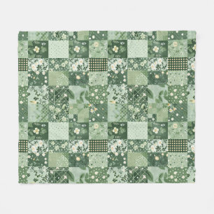 Green Quilt Patchwork Gingham Cottagecore Floral Fleece Blanket