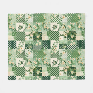 Green Quilt Patchwork Gingham Cottagecore Floral Fleece Blanket