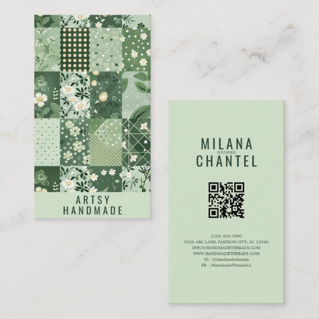 Green Quilt Patchwork Handmade Clothing Business Card (Front/Back)