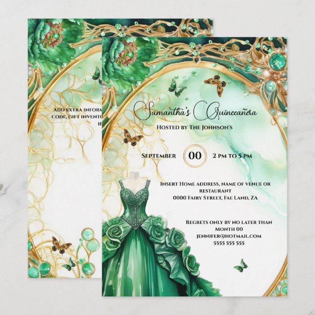 Green Quinceañera peony ballgown flowers elegant Invitation (Front/Back)