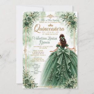 Green Quinceañera Princess Bow Dress Floral Invitation