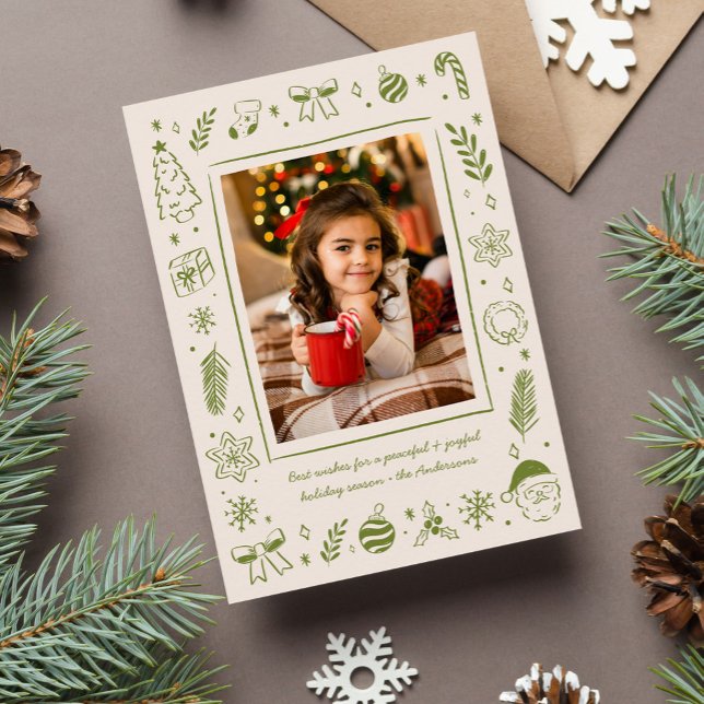 Green Quirky Whimsical Hand-Drawn Christmas Icons Holiday Card (whimsical, quirky, hand-drawn Christmas photo card with sketched Christmas icons.)