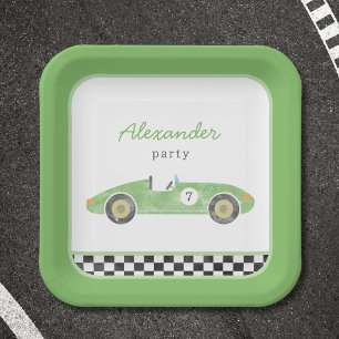 Green race car birthday invitation paper plate