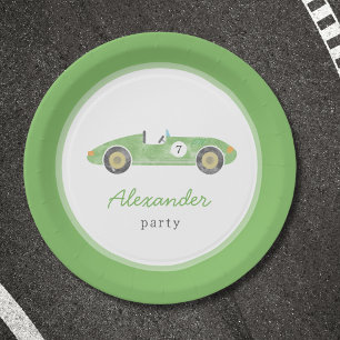 Green race car birthday paper plate