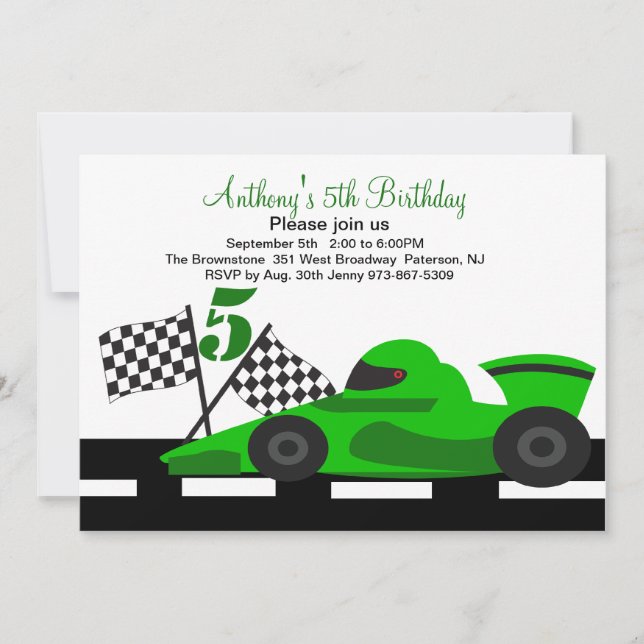 Green Race Car  Boys Fifth Birthday Invitation (Front)