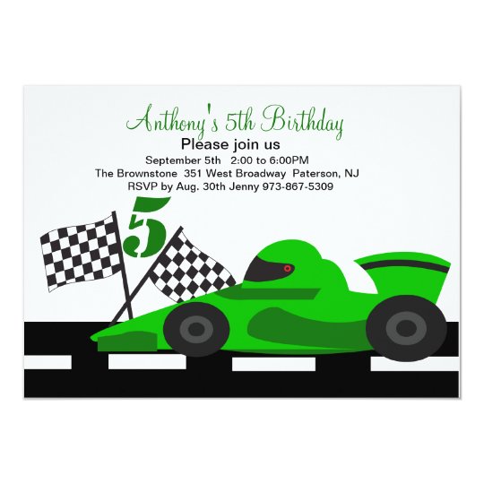 Green Race Car Boys Fifth Birthday Invitation