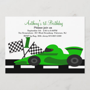 Green Race Car  Boys First Birthday Invitation