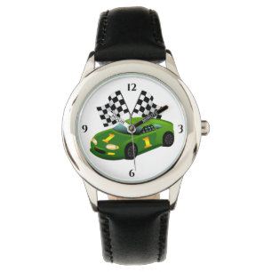 Green Race Car Chequered Winners Flag  Watch
