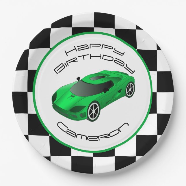 Green Race Car | Custom Birthday Party Paper Plate (Front)