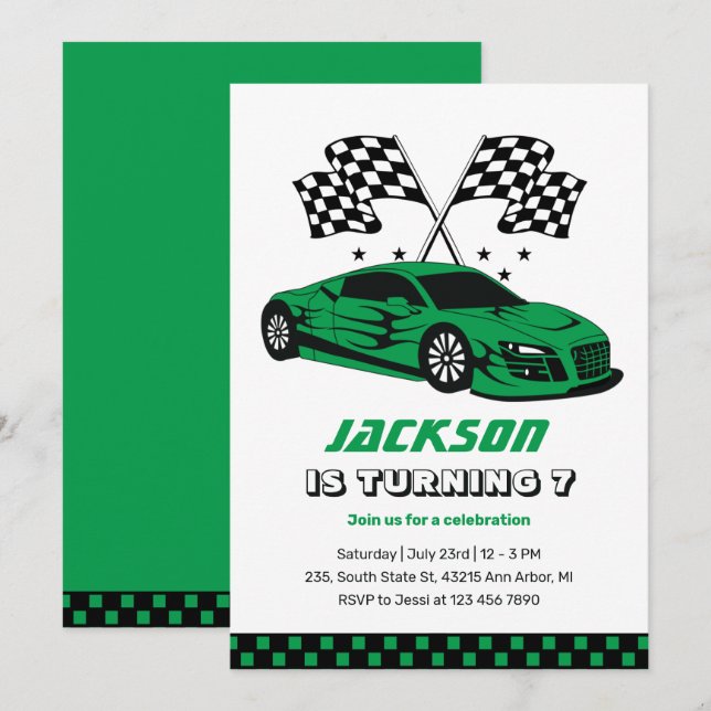 Green Race Car Racing Kids Boys Birthday Invitation (Front/Back)