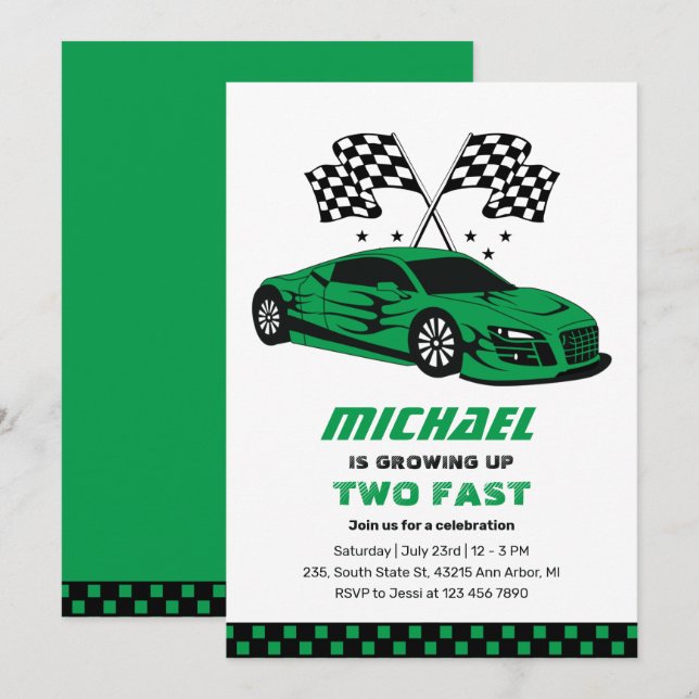 Green Race Car Two Fast Boys 2nd Birthday Invitation (Front/Back)