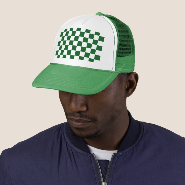 Green Racing Chequered Flag Display Customisable Trucker Hat (In Situ)