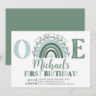 Green Rainbow Birthday Invitation, Earthy Tones Invitation