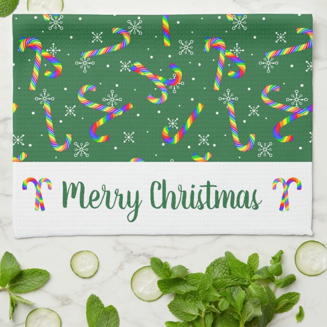 Green Rainbow Candy Canes Christmas Kitchen Towel (Folded)