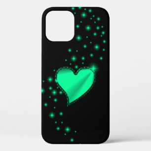 Green Rainbow Heart with Stars on Black iPhone 12 Case