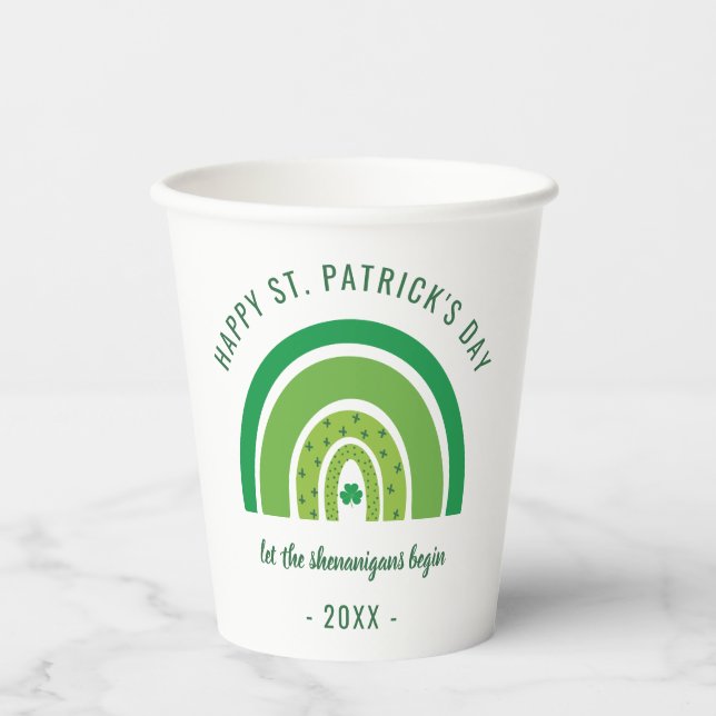 Green Rainbow Irish Shamrock Happy St Patricks Day Paper Cups (Front)