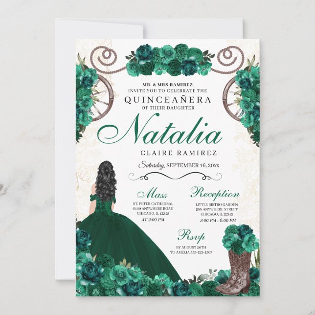 Green Ranchero Princess Dress Quinceanera Invitation (Front)