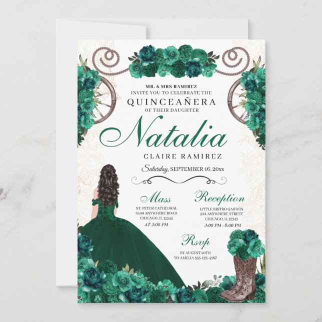 Green Ranchero Princess Dress Quinceanera Invitation (Front)