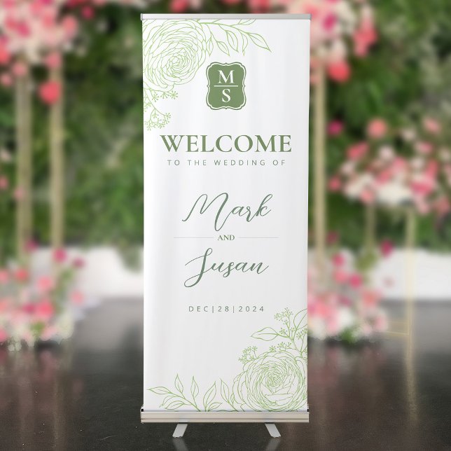 Green Ranunculus Monogram Wedding Welcome Retractable Banner (Creator Uploaded)