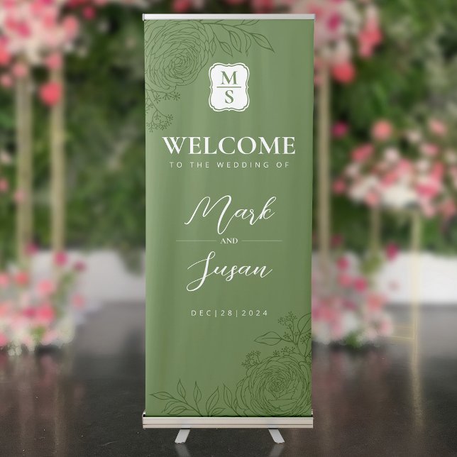 Green Ranunculus Monogram Wedding Welcome Retractable Banner (Creator Uploaded)