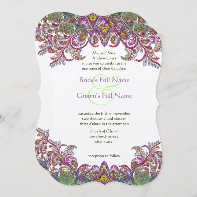 Green Raspberry Golden Yellow Blue Paisley Peacock Invitation (Front/Back)