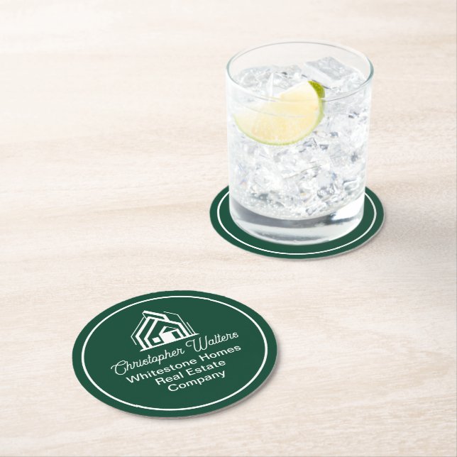 Green Real Estate Company Custom Realtor Party Round Paper Coaster (Insitu)