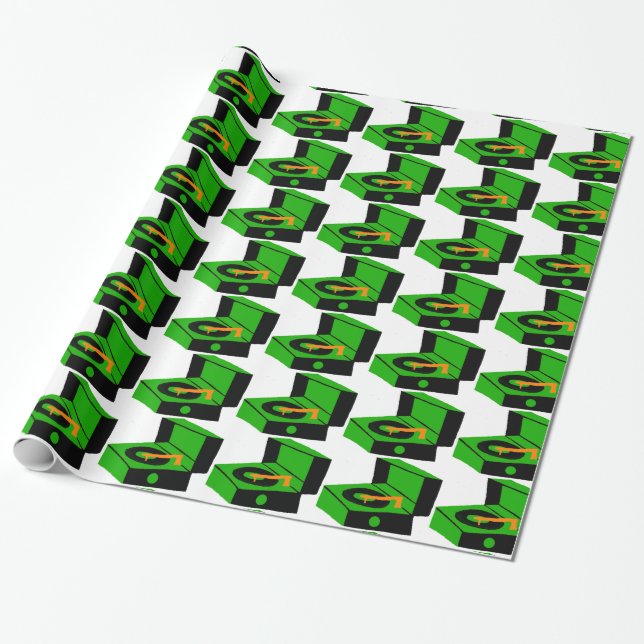 Green Record Player Houndstooth Wrapping Paper (Unrolled)