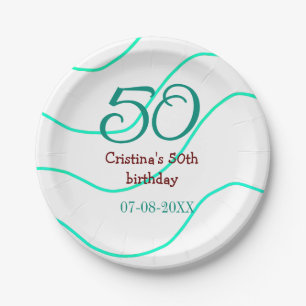 Green red 50 birthday anniversary add name date p paper plate