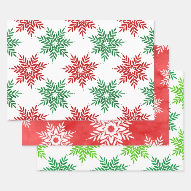 Green, Red Abstract Watercolor Snowflakes   Wrapping Paper Sheet (Set)