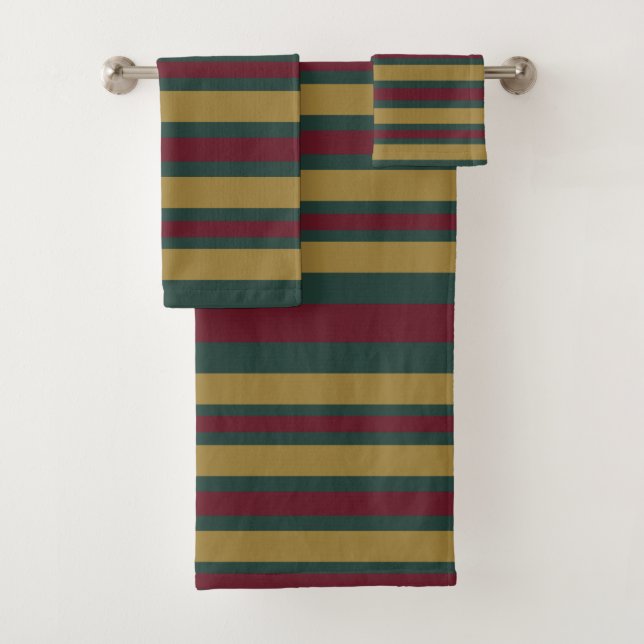 Green Red And Gold Christmas Candied Striped Bath Towel Set (Insitu)