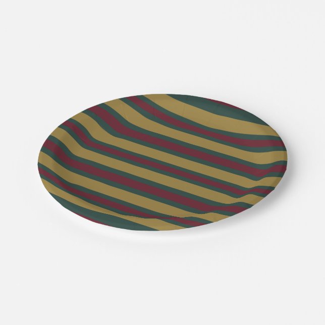 Green Red And Gold Christmas Candied Striped Paper Plate (Angled)