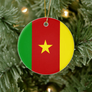 Green Red and Gold Flag of Cameroon with Star Ceramic Tree Decoration