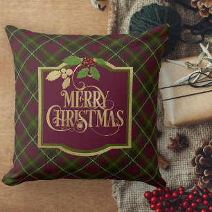 Green, Red And Gold Plaid With Name Christmas Cushion