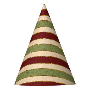 Green, Red and old Foil Striped Christmas Pattern Party Hat