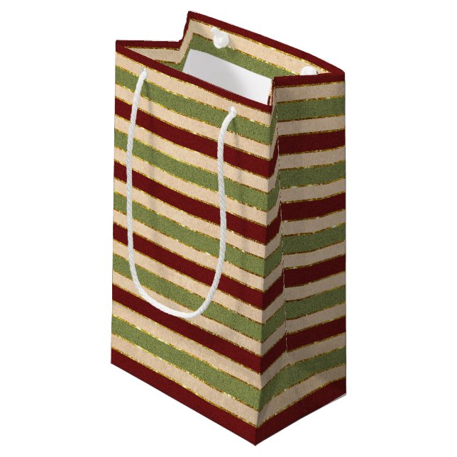 Green, Red and old Foil Striped Christmas Pattern Small Gift Bag (Front Angled)