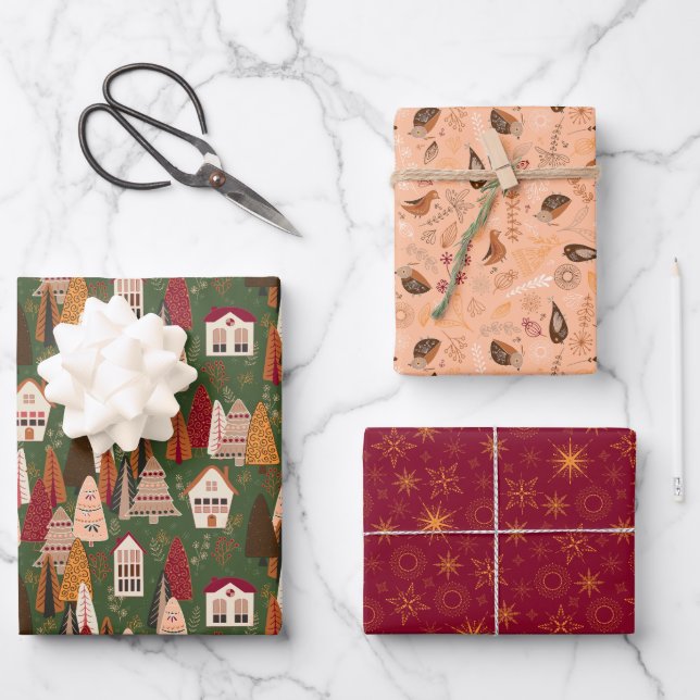 Green Red and Pink Christmas Forest Village Wrapping Paper Sheet (Front)