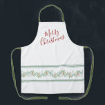 Green Red and White Botanical and Stripe Kitchen Apron<br><div class="desc">This festive holiday kitchen apron for women features my watercolor botanicals with stripes in shades of red,  green and white. The words Merry Christmas are set in trendy script typography. A perfect Christmas gift for mum or the chef in your life. To see matching designs visit www.zazzle.com/dotellabelle</div>
