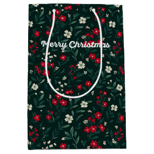 Green red and white Christmas flowers Medium Gift Bag