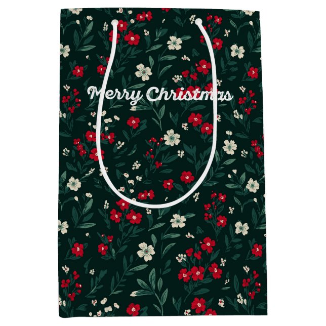 Green red and white Christmas flowers Medium Gift Bag (Front)