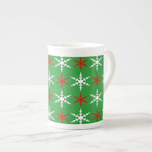 Green, red and white christmas snowflakes pattern bone china mug (Front Right)