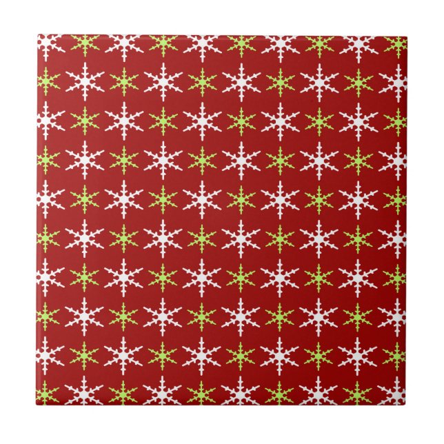 Green, red and white snowflakes pattern tile (Front)
