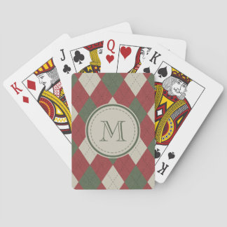 Green & Red Argyle Plaid Pattern with Monogram Playing Cards