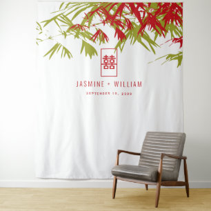 Green & Red Bamboo Leaves Chinese Wedding Backdrop Tapestry