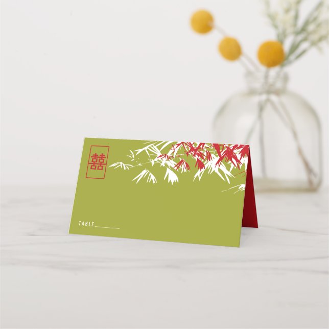 Green Red Bamboo Leaves Double Xi Chinese Wedding Place Card (Front)