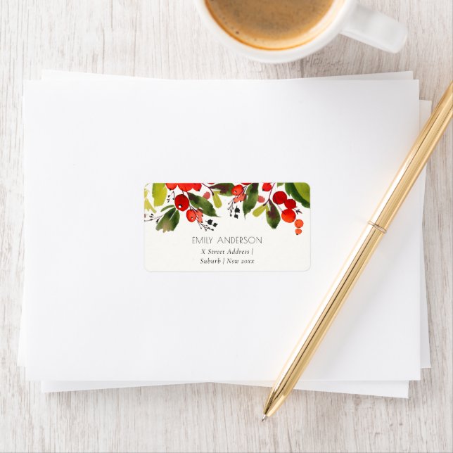 GREEN RED BERRIES WATERCOLOR CHRISTMAS ADDRESS LABEL (Insitu)